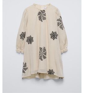 NWT Zara| Girls Long Sleeve Sequin Organza Embroidered Dress-Ivory/Cream Size 6